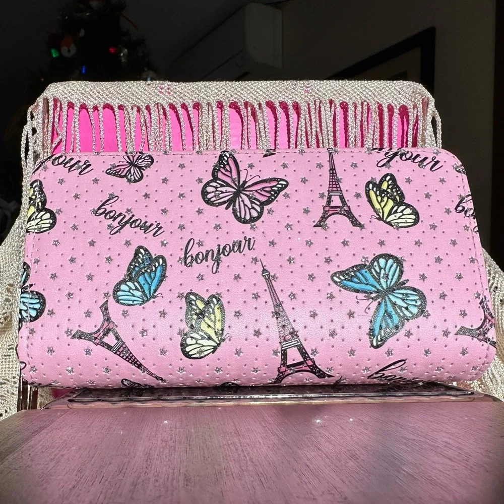 “Blu Crush” Pink & sparkle Double Zip Long Wallet Eiffel Tower Butterflies NWOT - Picture 8 of 8